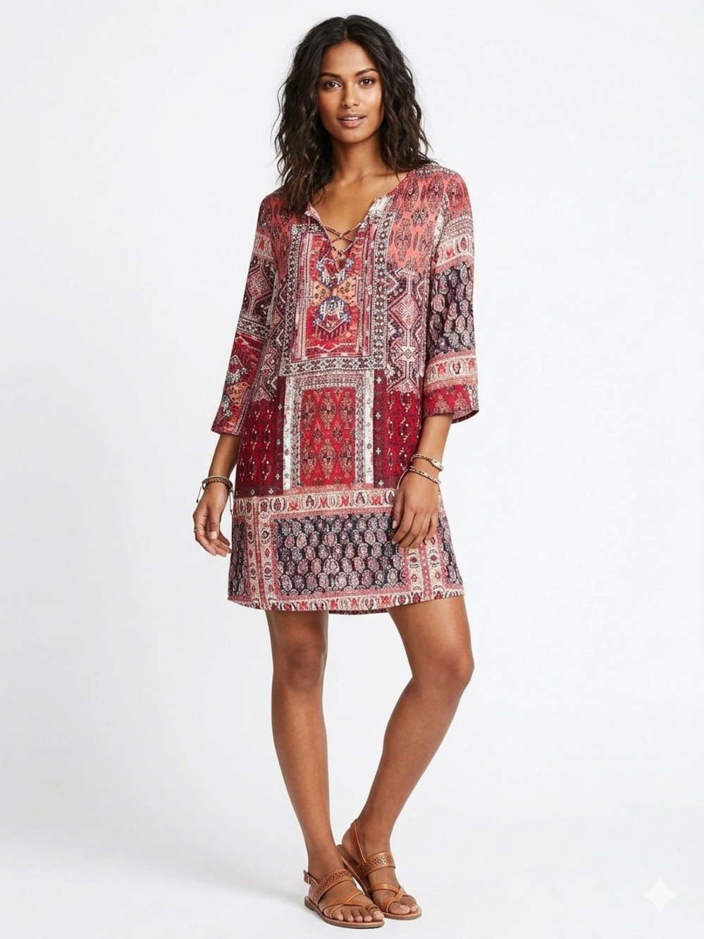KUT Red Patchwork Boho Bohemian Tunic Dress Sz 4